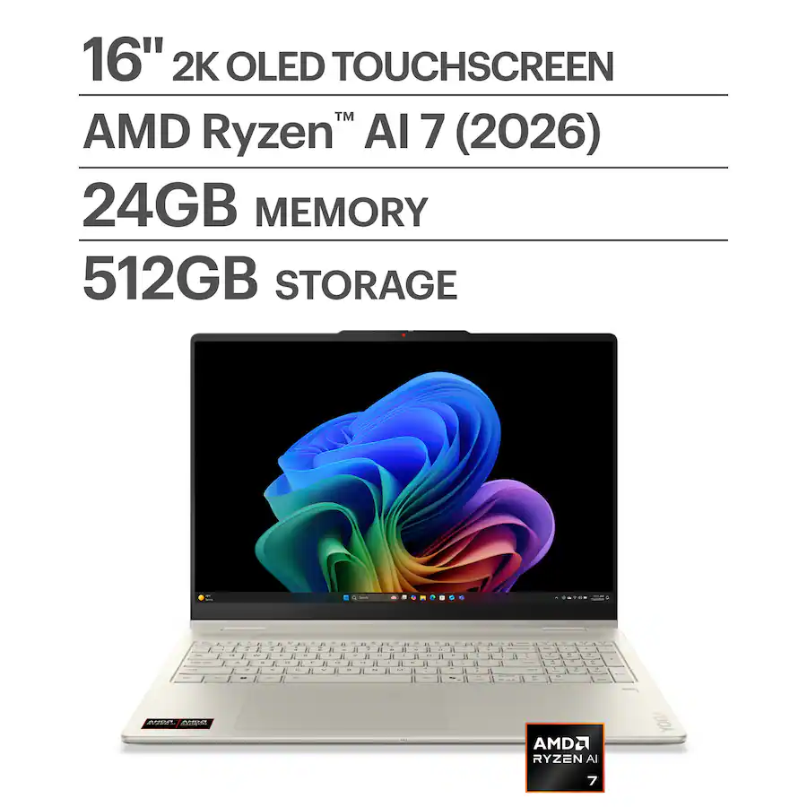 Lenovo - Yoga 7a 2-in-1 16" 2K OLED Touchscreen Laptop - AMD Ryzen AI 7 445 2026 - 24G Memory - 512GB SSD - Copilot+ PC - Seashell