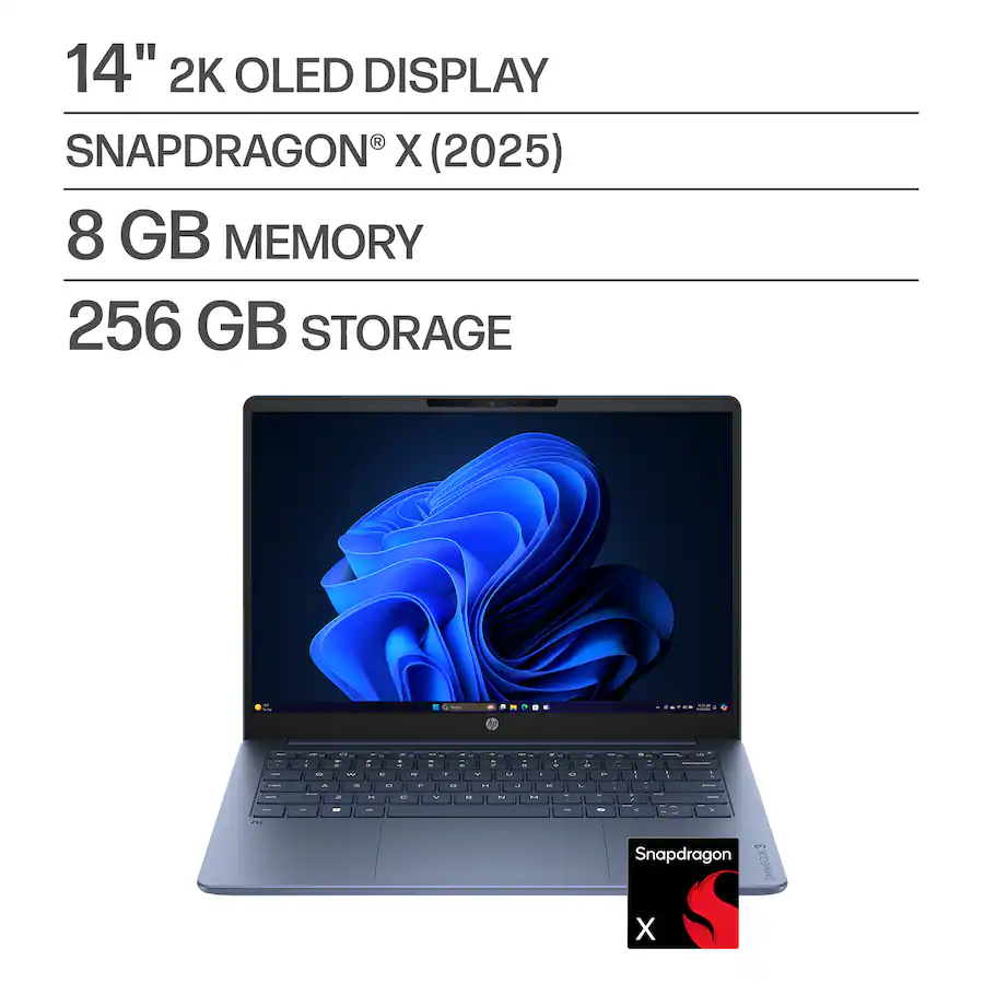 HP - OmniBook 3 - 14" 2K OLED Laptop - Snapdragon X (8-Core CPU) - 8GB Memory - 256GB SSD - 41+ Hrs Battery Life¹ - Starlit Blue