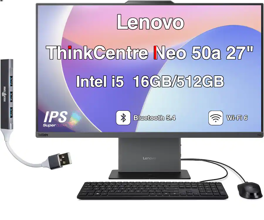 Lenovo - Upgraded - ThinkCentre Neo 50a All-in-One 27 FHD Display (i5-13420H, 16GB, 512GB SSD, Intel UHD, Win 11 Pro) w/USB Hub - Eclipse Black