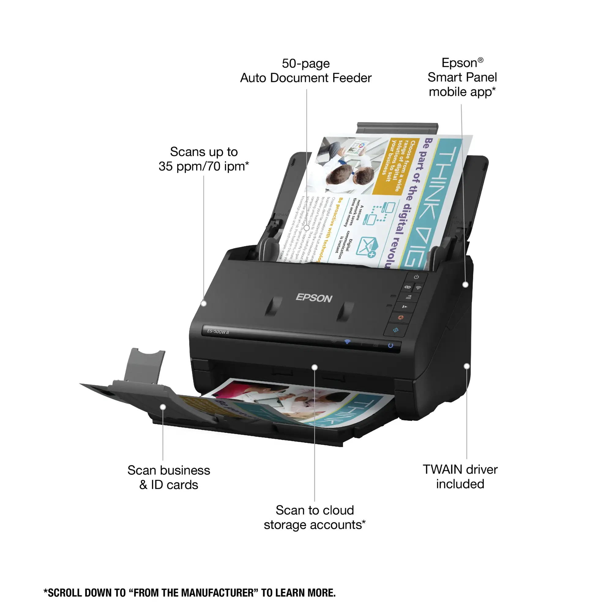 Epson - WorkForce ES-500W II Wireless Duplex Desktop Document Scanner - Black
