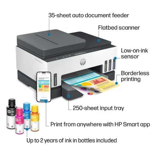HP - Smart Tank 7301 Wireless All-In-One Supertank Inkjet Printer with up to 2 Years of Ink Included - White & Slate