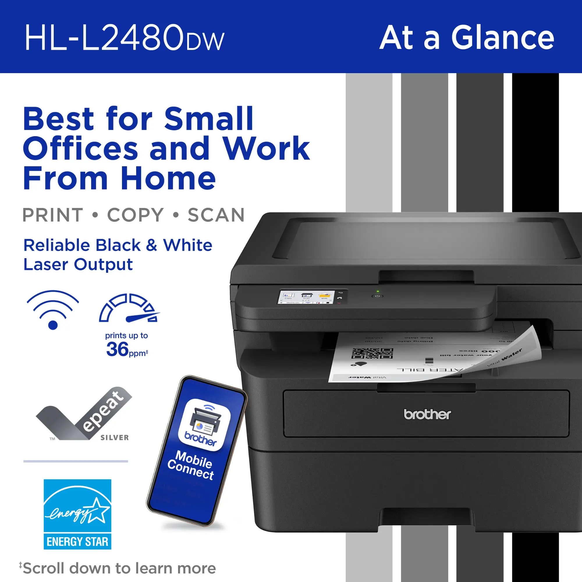 Brother - HL-L2480DW Wireless Black-and-White Refresh Subscription Eligible 3-in-1 Laser Printer - Gray