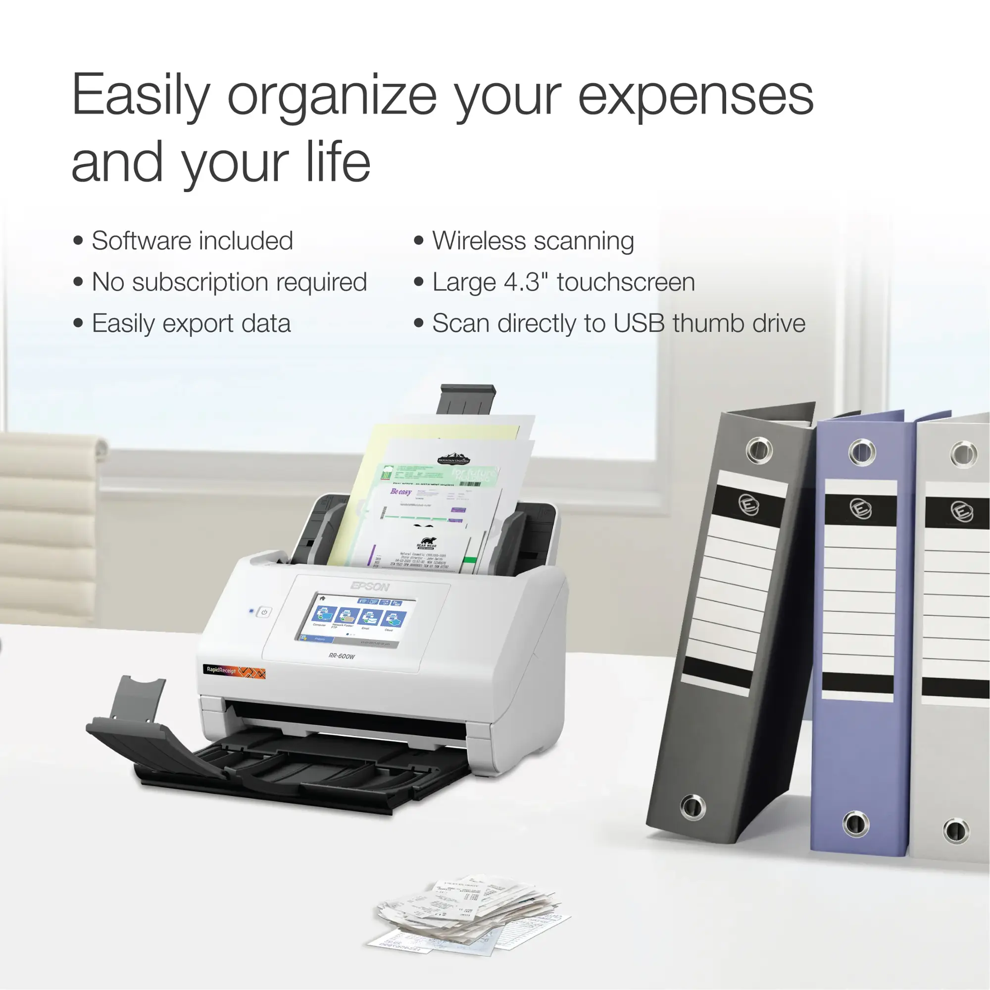 Epson - RapidReceipt RR-600W Wireless Receipt and Desktop Document Scanner - White