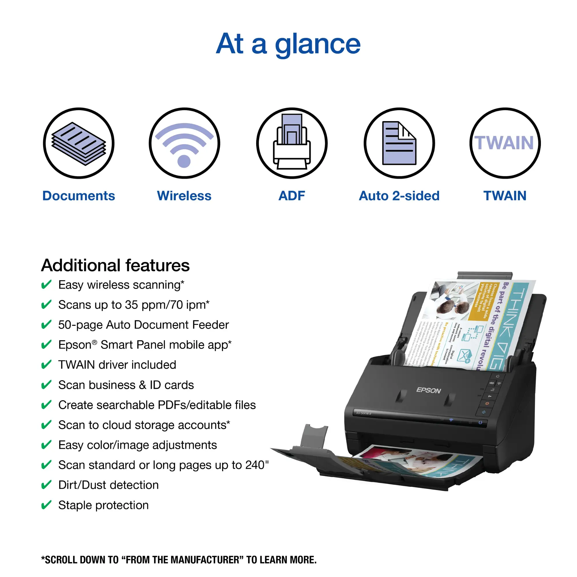 Epson - WorkForce ES-500W II Wireless Duplex Desktop Document Scanner - Black